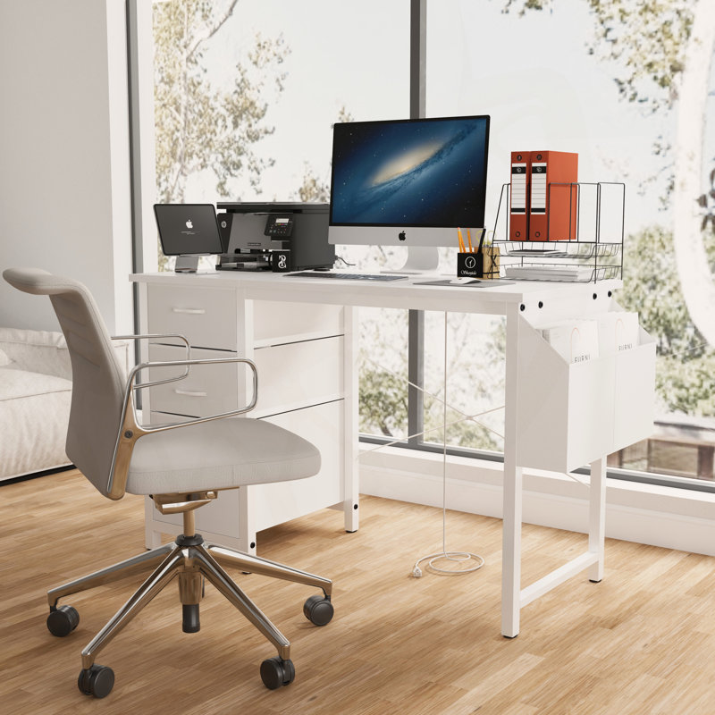 47.3 Inch Multi-Functional Office Bublava with Power Outlets, 3 Drawers, and Large Side Pocket for Home and Work, White/White