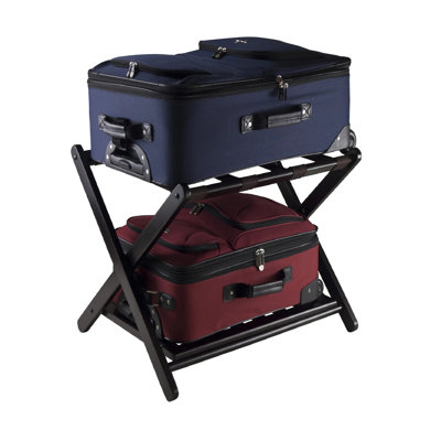 Transitional Solid Wood Folding Luggage Rack with Lower Shoe Shelf, Dark Espresso Finish with Black Nylon Straps