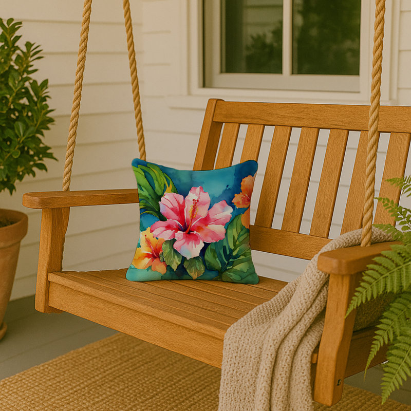 Coussin Hawaii, Hibiscus à l'aquarelle, Carré 14 po