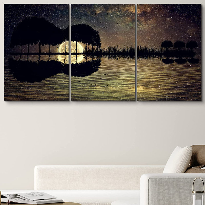 Full Moon Guitar Trees Night Sky Canvas Art Set