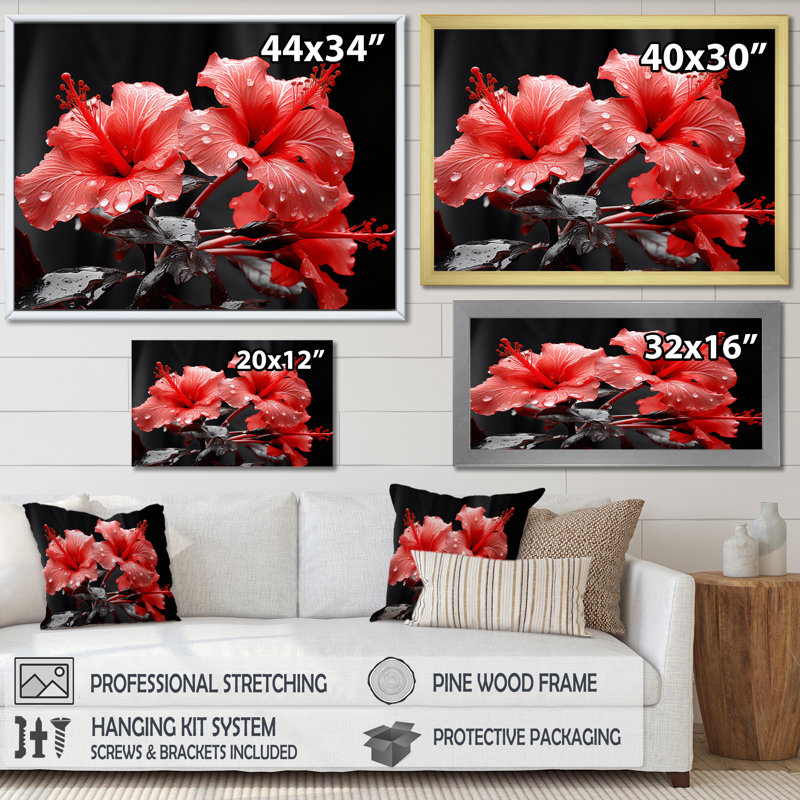 Hibiscus Attallah vibrant corail - imprimé, H 30 po x l 40 po x P 1,5 po, Cadre flottant doré