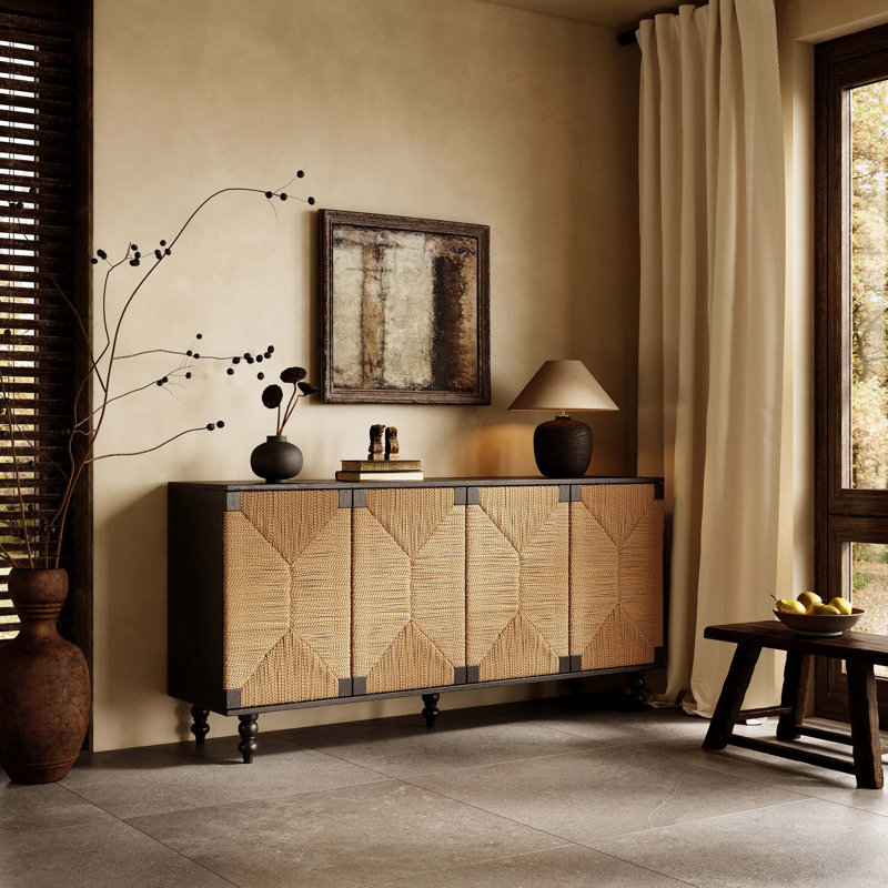 Buffet en bois brossé avec portes en panneau de ruppie maritime, meuble de rangement polyvalent et meuble télé