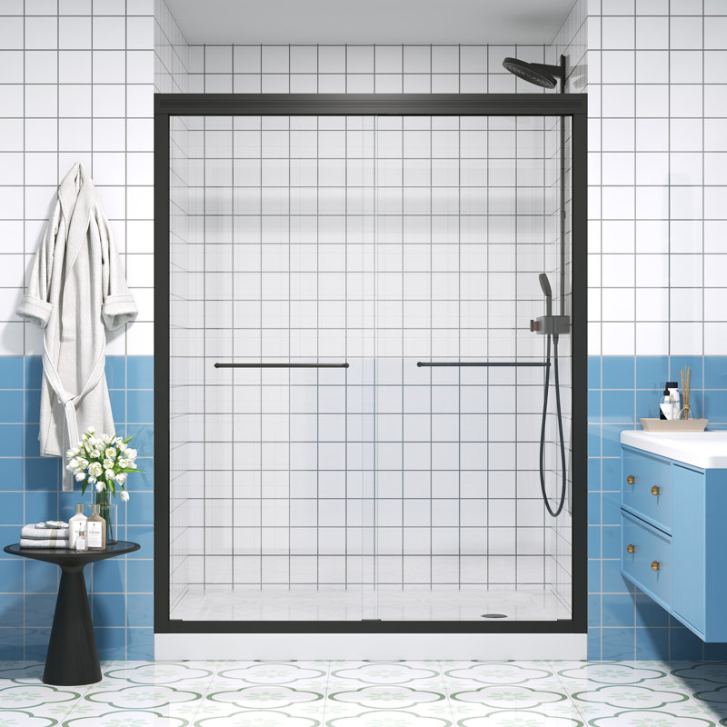 Premium Frameless Double Sliding Shower & Tub Doors, Tempered Glass Matte Black, Modern Style