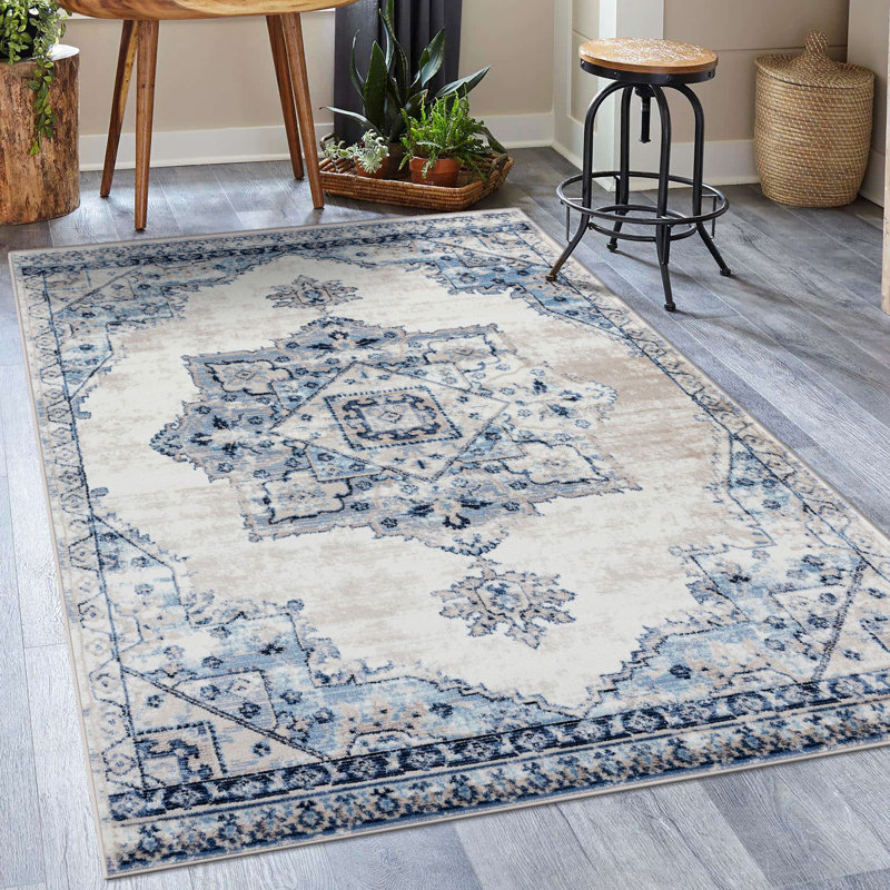 Tapis oriental ivoire / bleu Leeya, Rectangle 8 pi x 10 pi