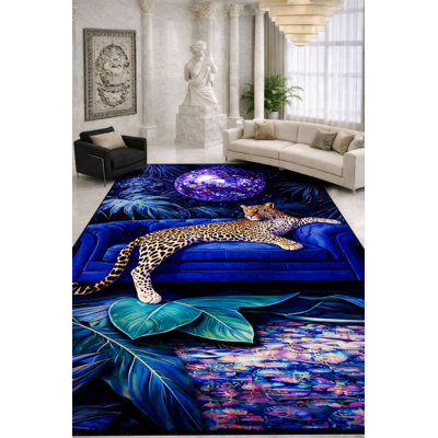 Tapis bleu tissé à imprimé guépard Mosso