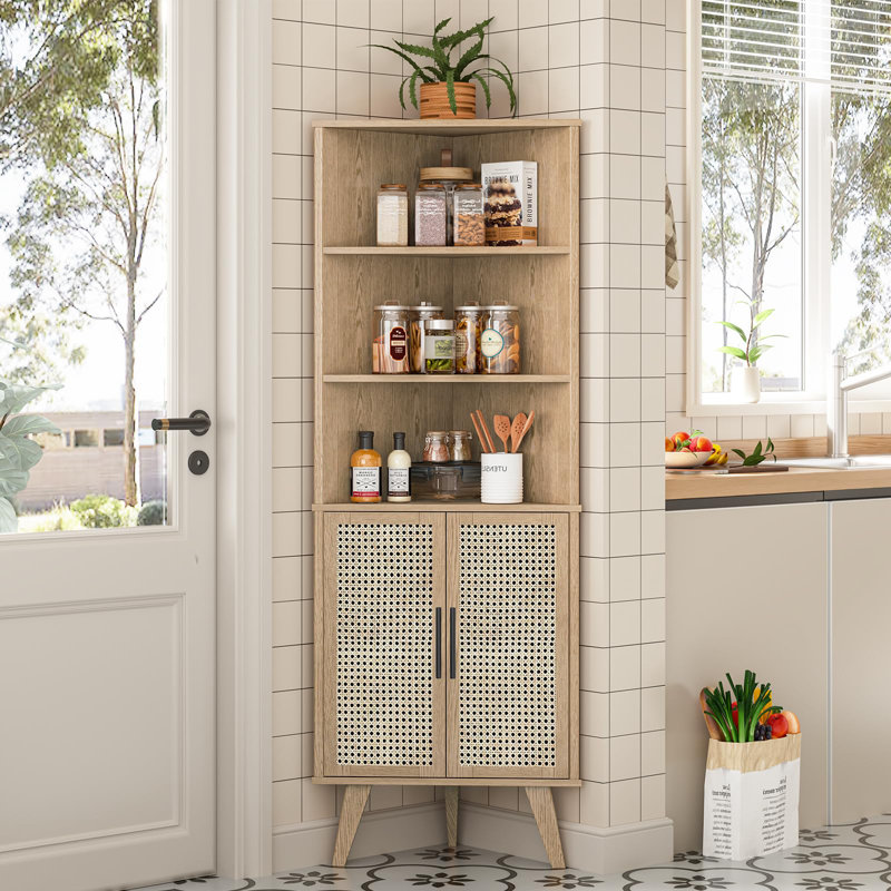 Rattan Corner Cabinet With Adjustable Shelves