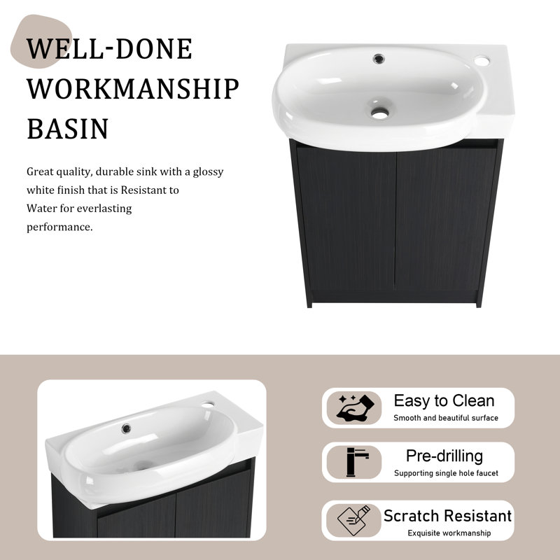 Meuble-lavabo simple autoportant de 23 po avec comptoir en céramique, Noir, noir, noir, noir