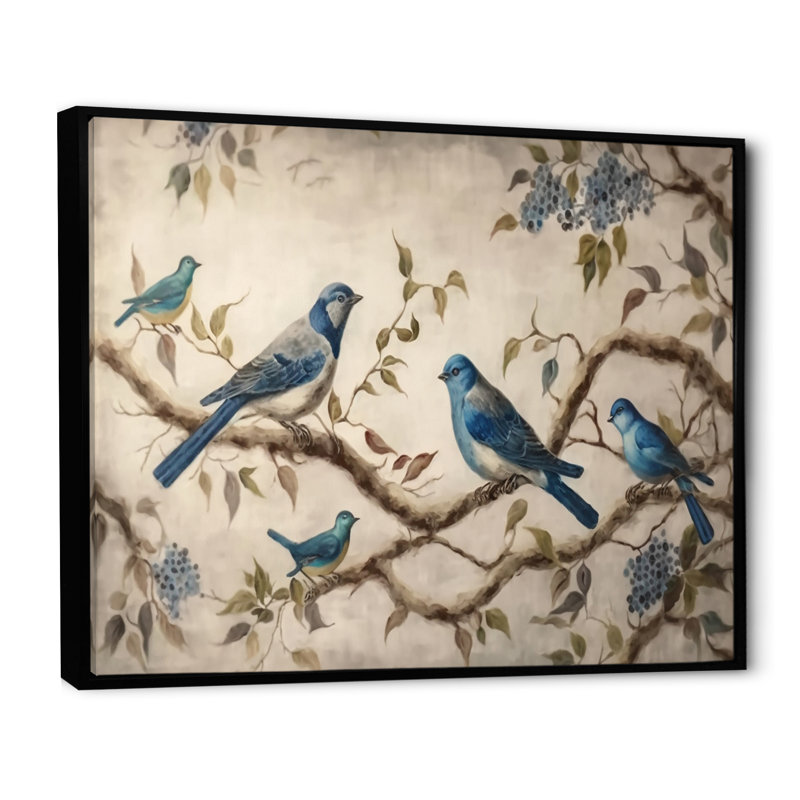 Quatre oiseaux bleus rétro sur une branche I - reproduction sur toile, Cadre flottant noir, 30" H x 40" W