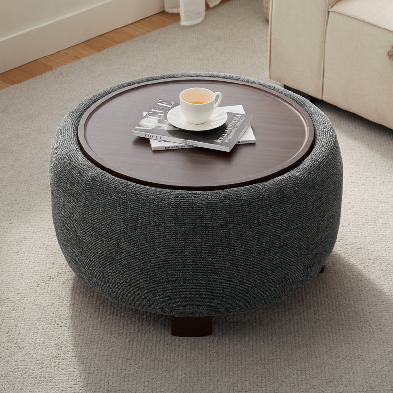 Repose-pieds rembourré avec rangement et plateau en bois, Textured Black Blend Chenille
