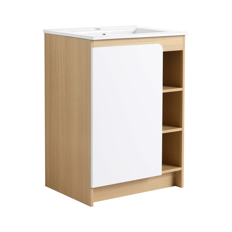 24-Inch Freestanding Bathroom Vanity With Thin-Rim Ceramic Sink, Open Shelving, Dual-Colour Panels, And Moisture-Resistant Plywood Construction.