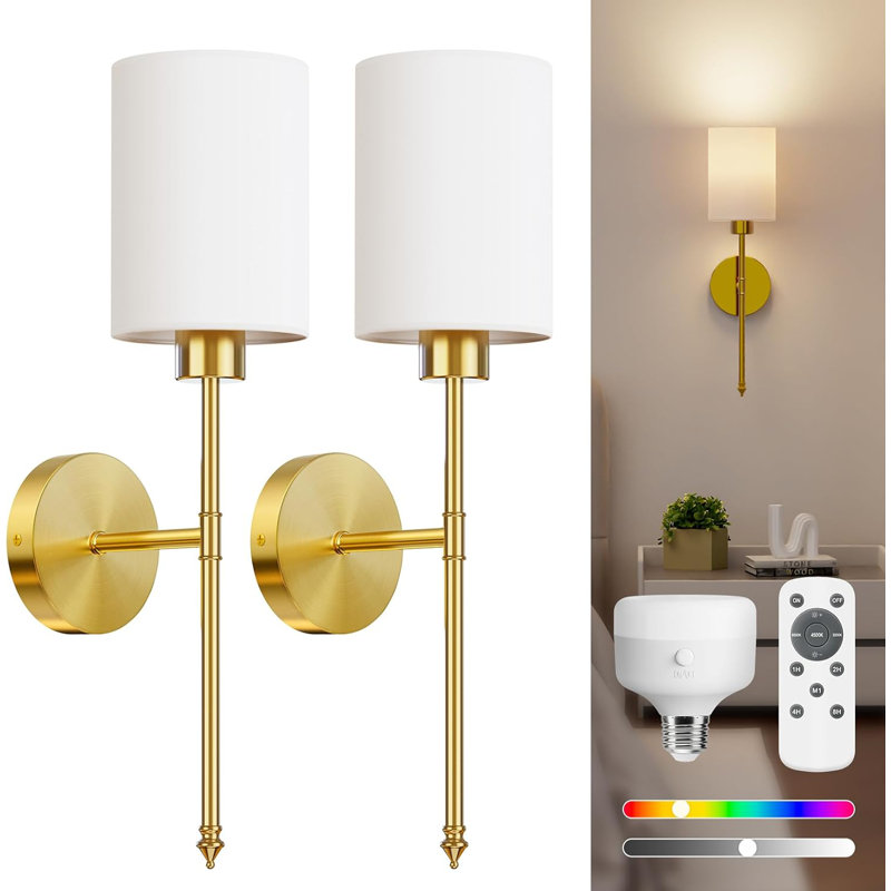 Gold Dimmable Battery Operated Wall Sconce Set with Remote