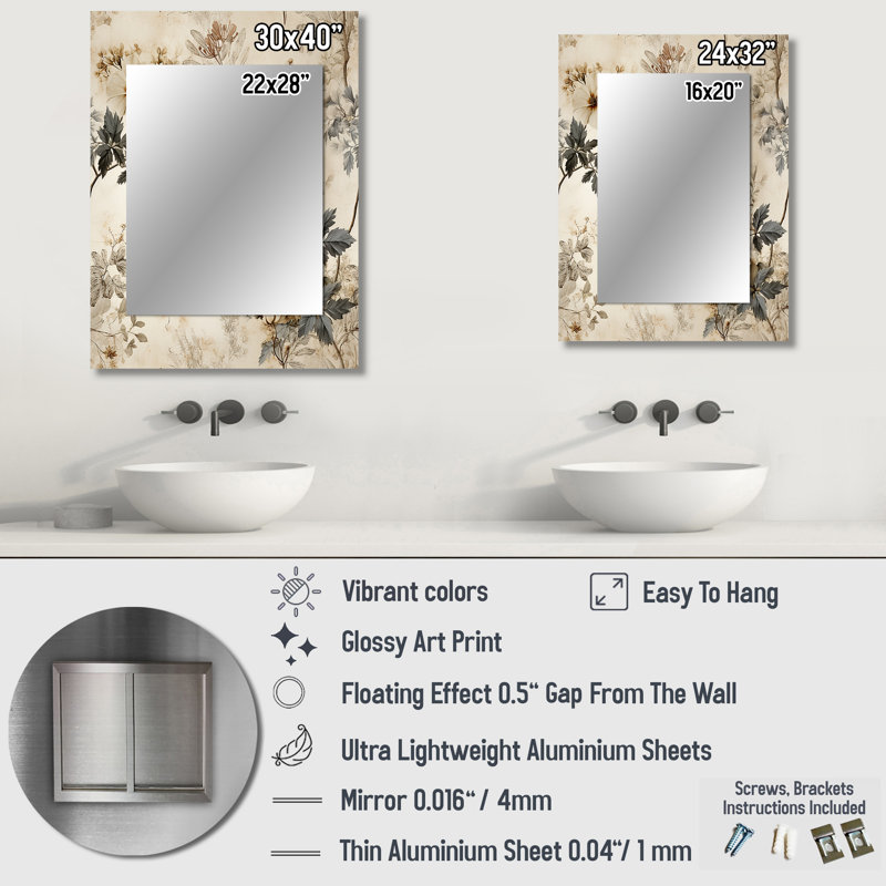 Vintage Beige Floral Countryhome Charm - Floral Decorative Wall Mirror, Floral Large Mirror, Printed Metal Art, 32" x 24"