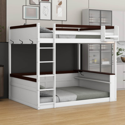 Grand lit superposé en bois avec tablettes intégrées et boîte de rangement, lits superposés à plancher bas avec lumière DEL et station de charge USB, mobilier multifonctionnel peu encombrant