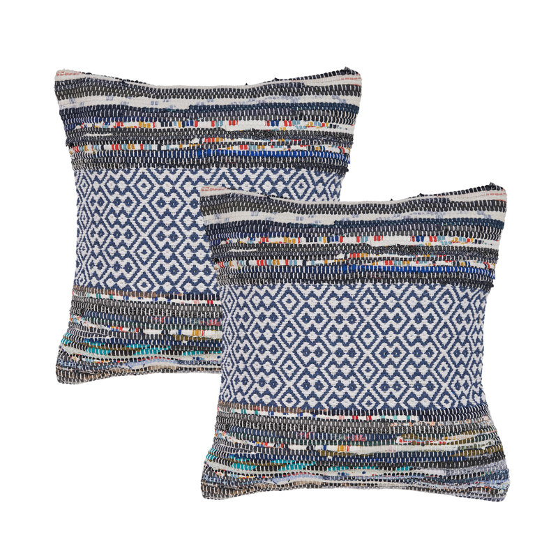 Housse de coussin décorative à rayures bleues et à motifs abstraits en mélange de coton