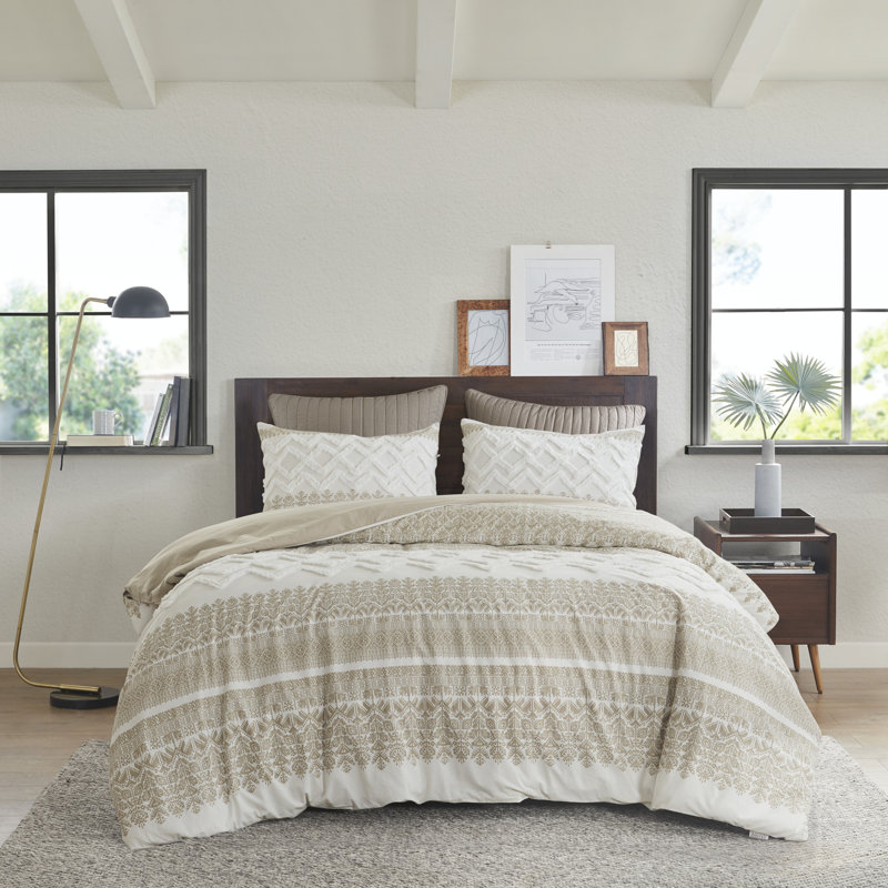 Mila Taupe Cotton Full/Queen Duvet Cover Set with Chenille