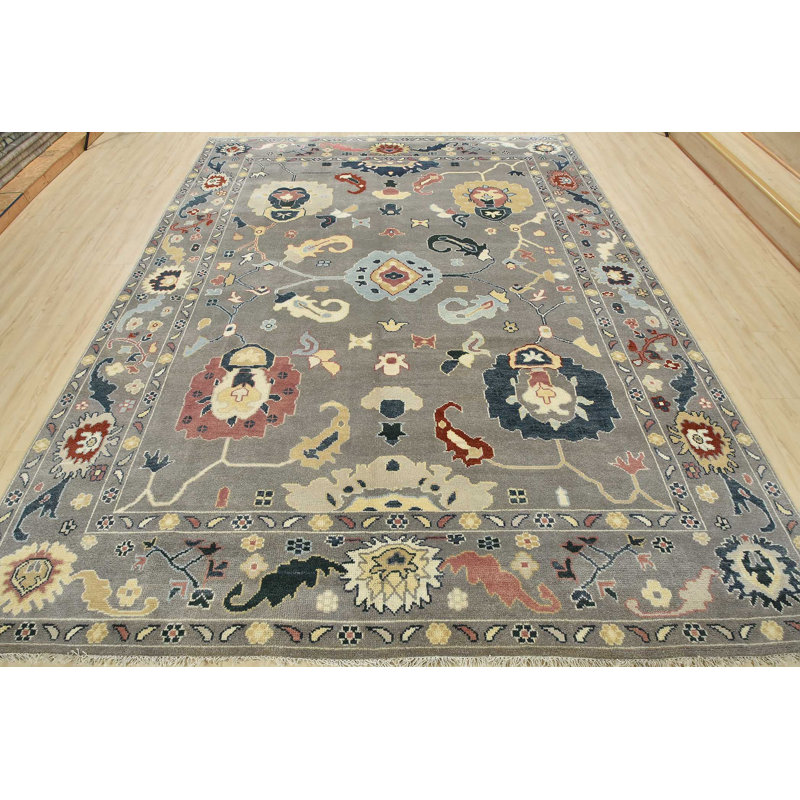 Tapis gris en laine noué à la main de conception unique 9 pi 3 po x 11 pi 10 po