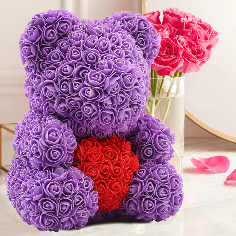Artificial Foam Eternal Rose Heart-Shaped Bear Heart Gift Box, Purple;Red