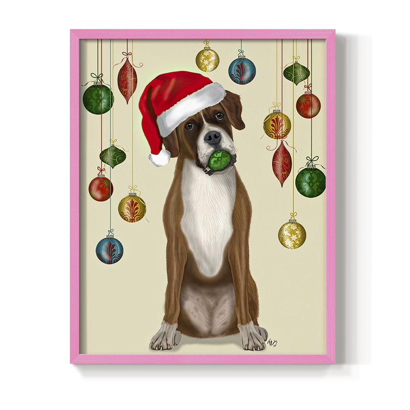 «Christmas Boxer and Bauble Ball», reproduction encadrée - bois massif, H 11 po x l 9 po, Rose