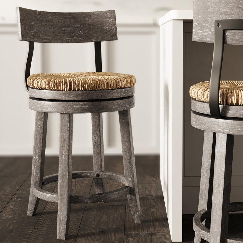 Cathair Swivel Counter Stool with Solid Wood Frame, Reclaimed Gray, Counter Stool (26" Seat Height)