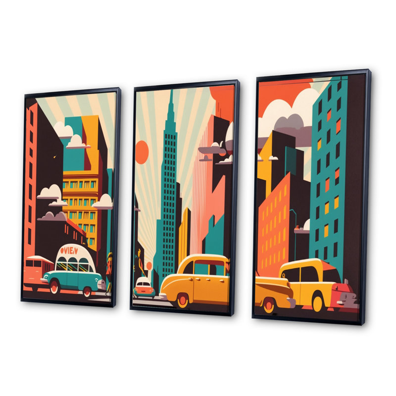 Futuriste paysage urbain avec des voitures I - impression 3 pièces, Cadre noir, H 28 po x l 36 po x P 1 po