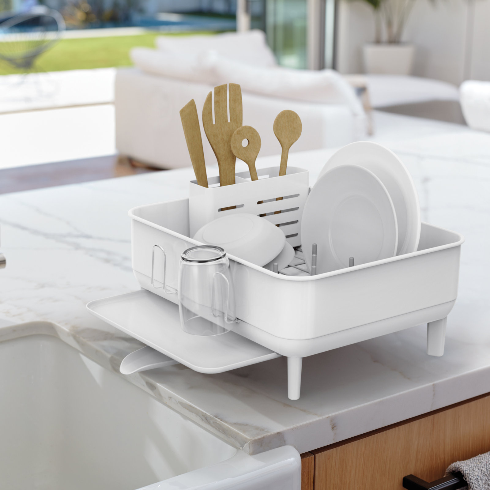 simplehuman Compact Kitchen Dish Drying Rack with Swivel Spout, Fingerprint-Proof Stainless Steel Frame, White Steel/White