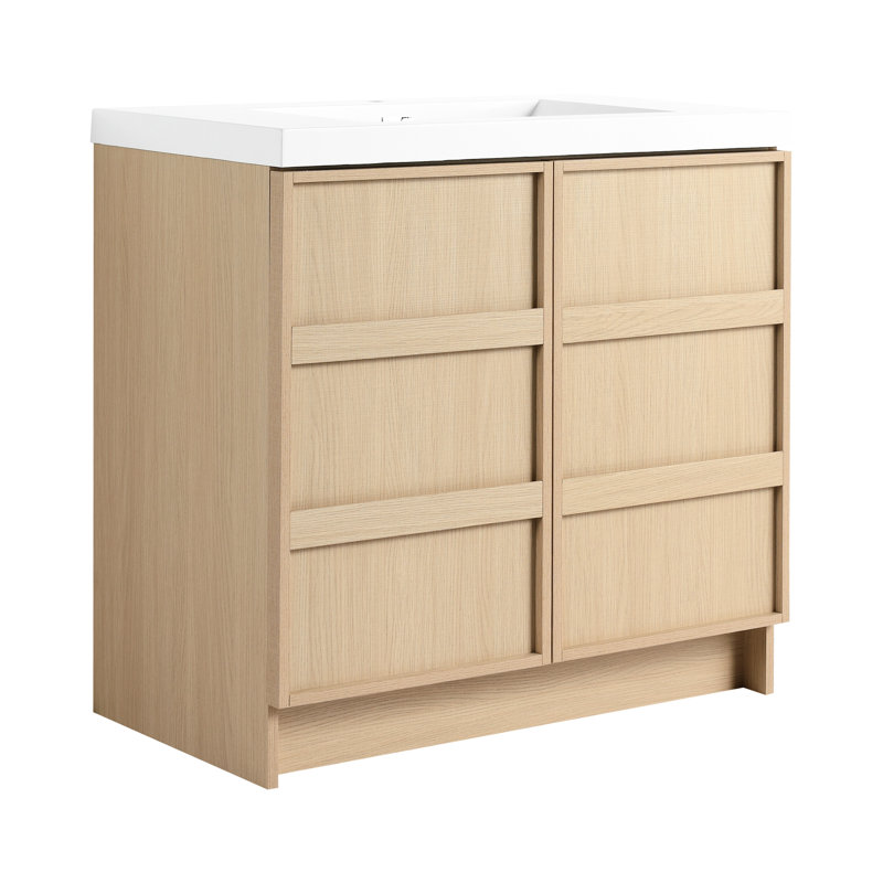 Meuble-lavabo de 36 po avec chêne, lavabo en résine, 2 portes d'armoire à fermeture en douceur, base en contreplaqué, tablettes réglables, construction, charnières en chêne d'aspect moderne, surface lisse