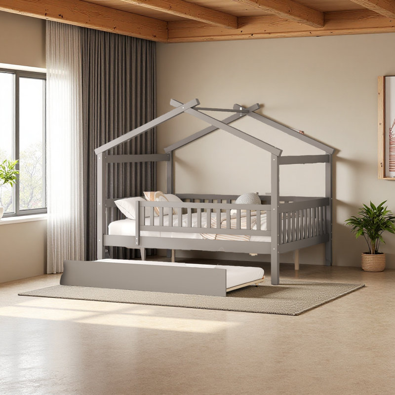 Lit en bois avec couchette, Gris, Double