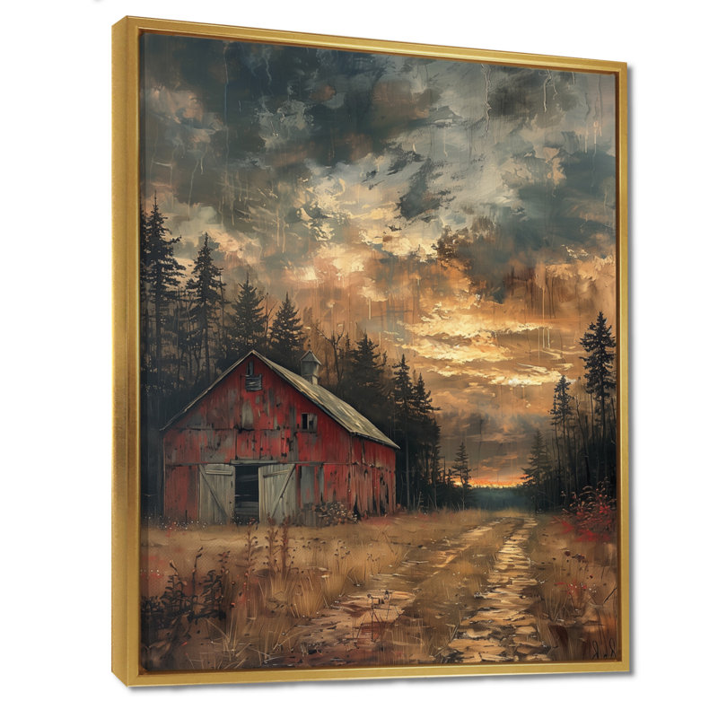 Décoration de grange au trésor gris et rouge d'automne - Grange, H 20 po x l 12 po x P 1 po, Toile avec cadre flottant or