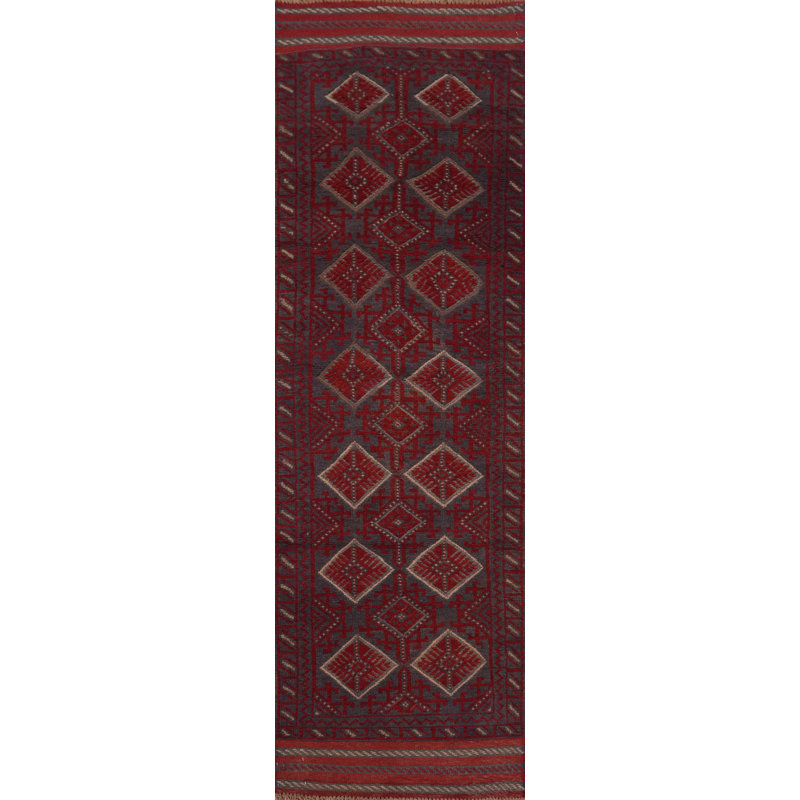 Geometric Wool Traditional Afghan Runner Rug 2x8