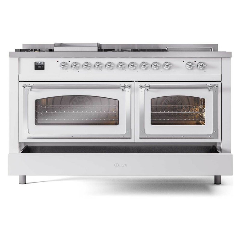 ILVE Nostalgie II Noblesse 60 inch Dual Fuel Range  (7 Sealed Burners + Griddle + French Top, Triple Glass Door, RAL), Chrome