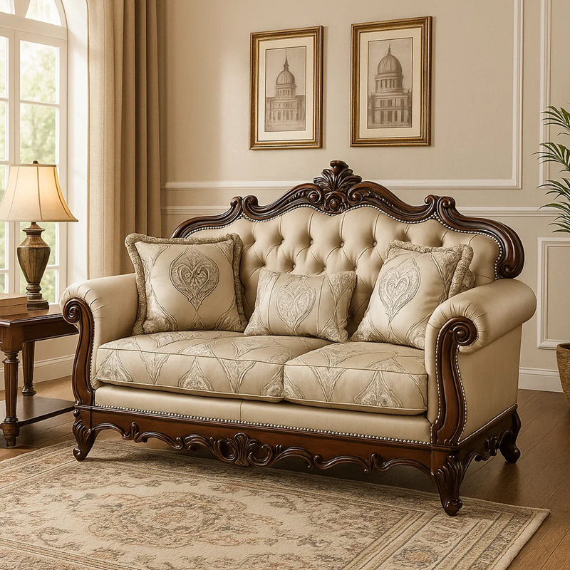 Vera Loveseat, Tufted Beige, Rolled Arms, Cherry Brown Solid Wood, 70 Inch