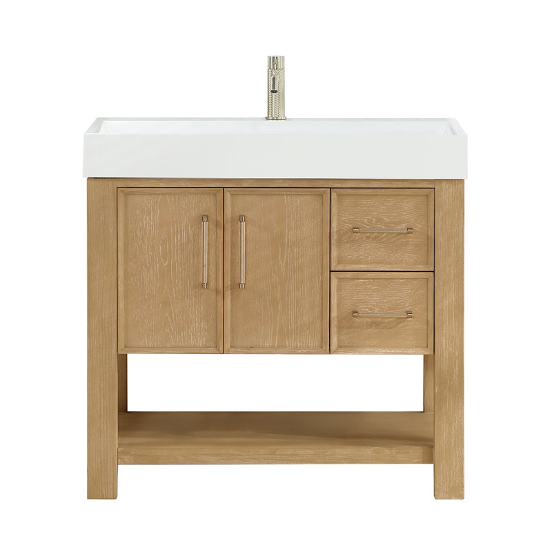 Meuble-lavabo simple 35,4 po gris cendré lavé avec plateau en pierre intégré Maho