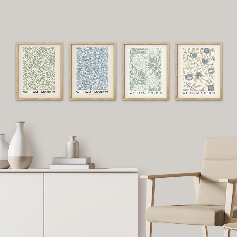 Motif floral bleu et vert sur papier, 4 pièces par William Morris, Naturel, H 16 po x l 12 po