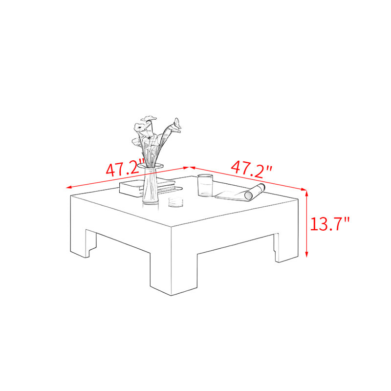 Table basse minimaliste en bois de style français, H 13,7 po x L 47,2 po x l 47,2 po