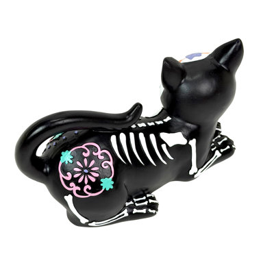 Gothic Day of the Dead resin skeleton cat figurine with multicolor details, 8 inches wide