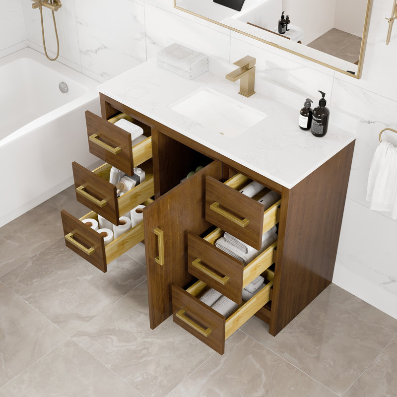 Meuble-lavabo l 42 po x P 18 po Ilsa avec comptoir en quartz blanc et gris Carrara et lavabo en porcelaine encastré, Noyer