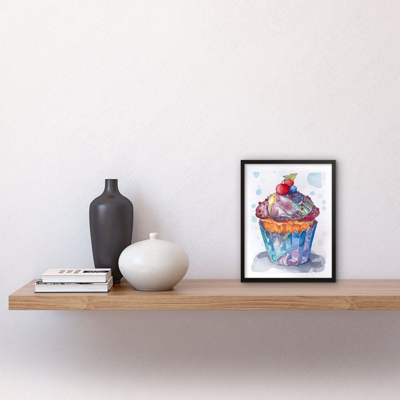Cupcake Icing With Fruit Folk Art Watercolour Painting Artwork Framed Wall Art Print 9X7 Inch