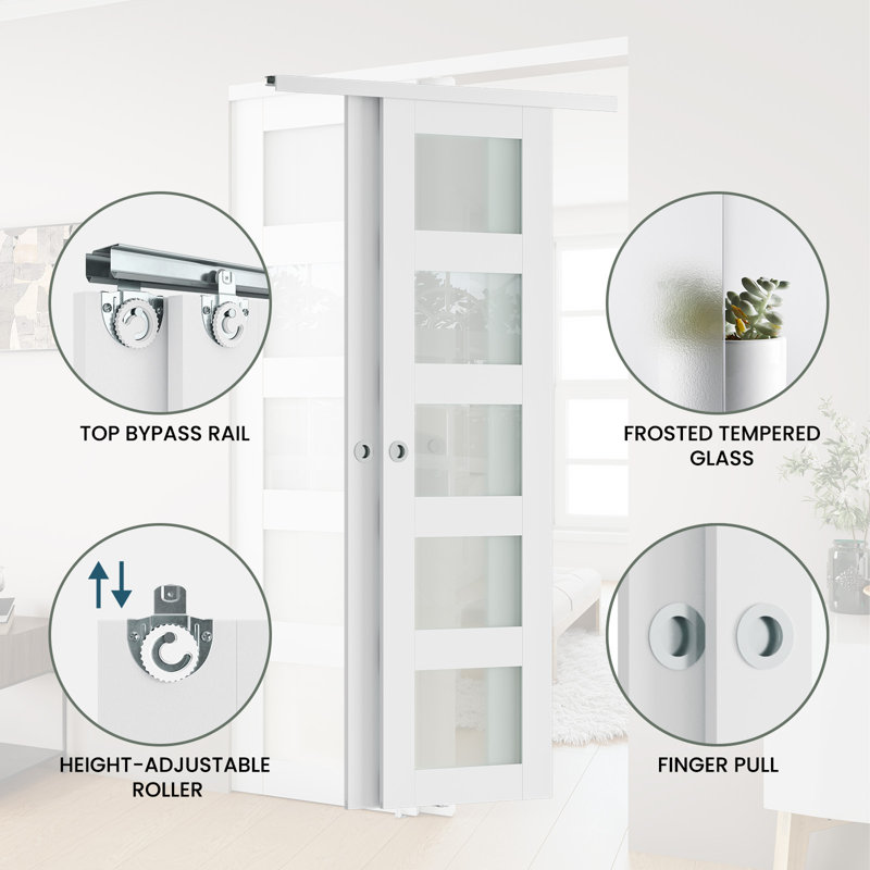 5-Lite Tempered and Frosted Glass Sliding Closet Door with Hardware Kit, 48" x 80"