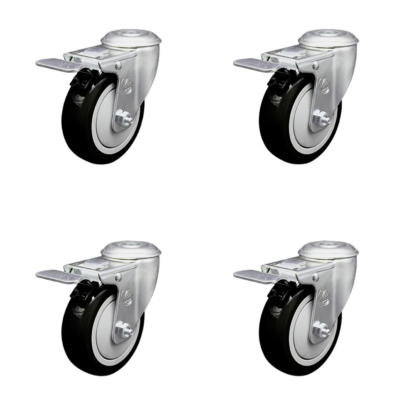 4 Inch SS Blue Polyurethane Swivel Bolt Hole Caster Set with Total Lock Brake, Grey