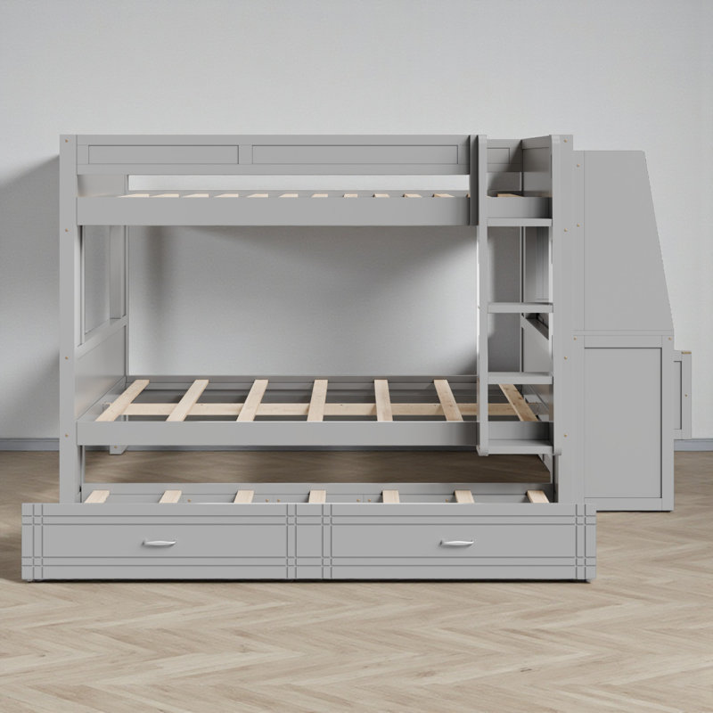 Lit double superposé au dessus d'un lit double avec bureau et lit gigogne, Gris