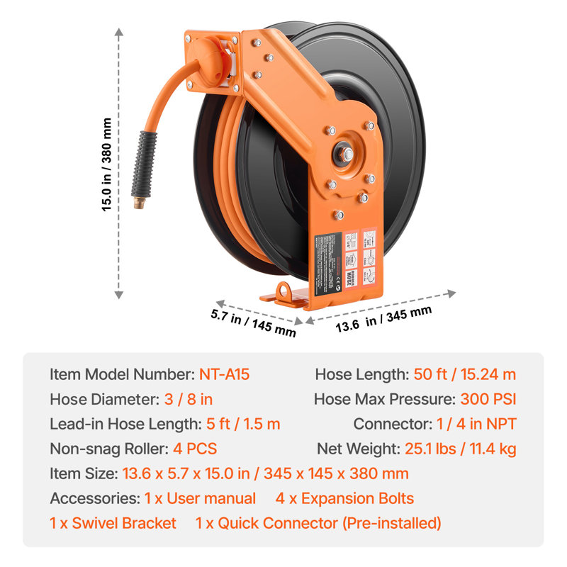 Enrouleur de tuyau d'air rétractable, tuyau d'air en caoutchouc 3/8 po x 50 pi, pression maximale 300 PSI, enrouleur de tuyau pour compresseur d'air à rembobinage automatique avec câble d'alimentation de 5 pi, enrouleur robuste à bras unique pour montage au plafond ou au mur et support pivotant à 180°