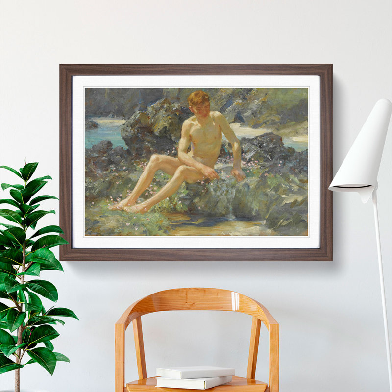Nude Man on the Rocks by Henry Scott Tuke - Picture Frame Painting, Walnut Framed, 36cm H x 48cm W x 2cm D