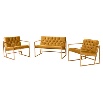 Ensemble de canapé moderne (3 pièces) en moutarde, 42,9 x 29,1 x 29,5 pouces | Cadre 100% métal et tissu 100% Babyface | Sièges confortables avec siège de 18,1 po et fauteuils à oreilles élégants | Parfait pour la décoration de salon