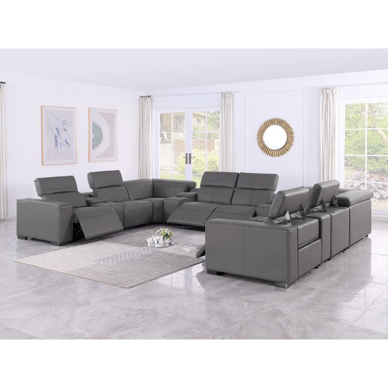 Glendale Luxurious 12-Piece U-Sectional In Genuine Leather With 4 Power Recliners And Power Headrests, Gray