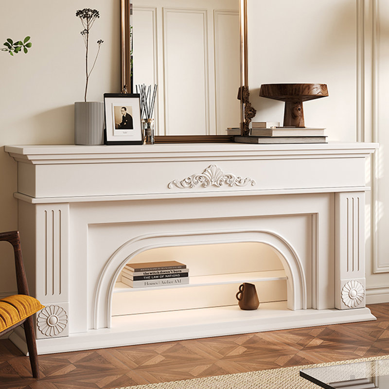 Beige Solid Wood TV Cabinet Fireplace, 29.53" H x 78.74" W x 13.78" D
