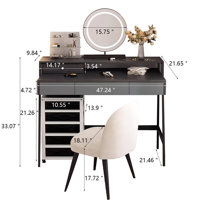 47.24"Black vanity with mirror and stool