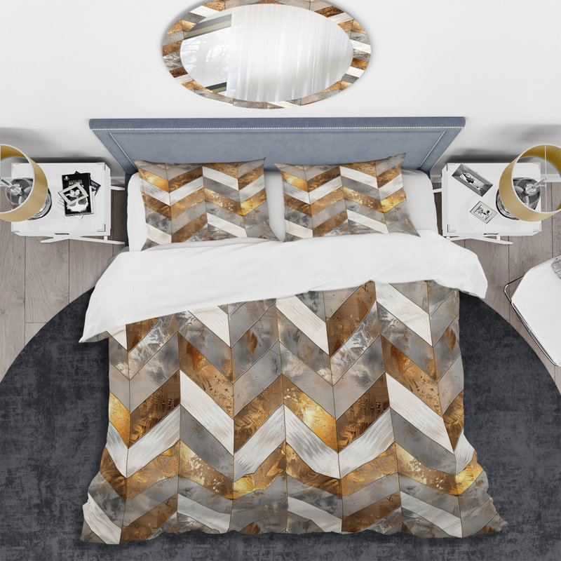 Ensemble de housse de couette à chevrons gris et or gris, Housse de couette pour grand lit + 2 taies décora