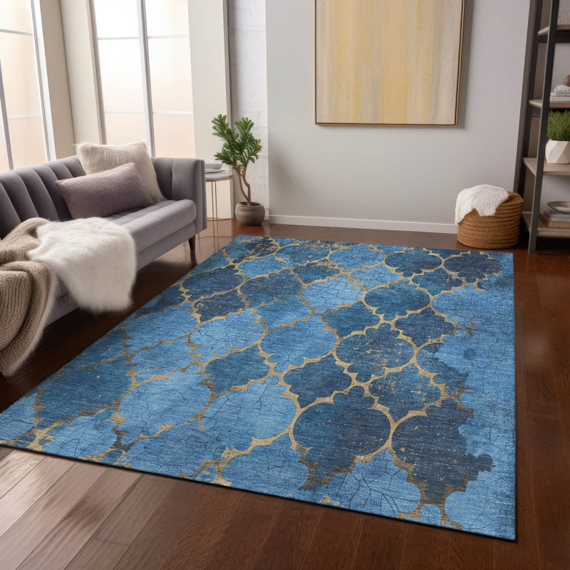 Machine Washable Indoor/Outdoor Xhevrie Blue Rug, Rectangle 10' x 14'
