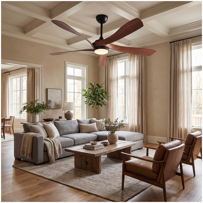 Ventilateur de plafond 52 po avec lumière Sofucor, avec hélice moderne à mémoire à intensité variable, moteur à courant continu silencieux, 5 vitesses 5000 CFM, minuterie, réversible, pour le salon, ETL / FCC, brun