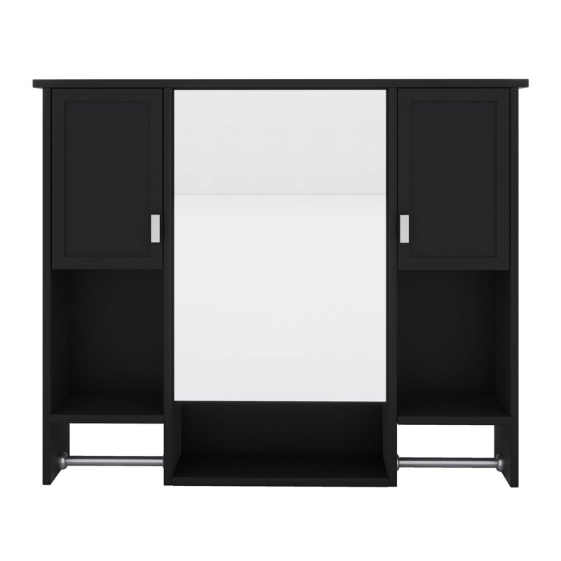 Armoire de rangement murale pour salle de bain avec miroir Armoire à pharmacie moderne avec tablettes ouvertes et cachées et porte-serviettes double